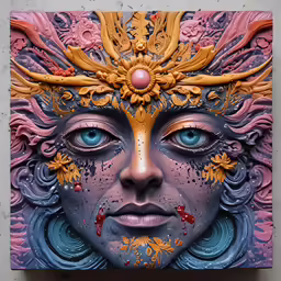 an abstract painting with blue and purple eyes