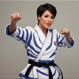 an asian woman dressed in blue and white karate gear