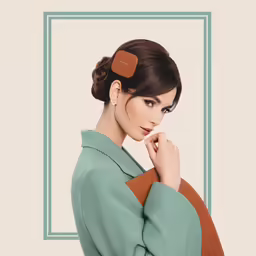 the model is wearing a green dress with a brown ribbon