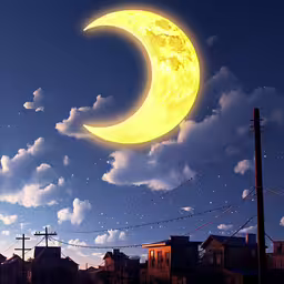 the moon is shining brightly against the sky above a town,a full moon in the middle of a cloudy sky