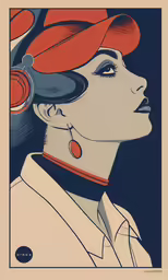 a poster of a woman wearing red hat with red necklace and earring