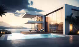 the house has a swimming pool and lounge chairs next to it
