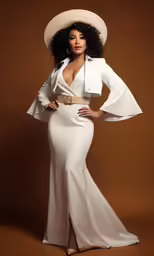a woman in white gown with hat and hand on hip