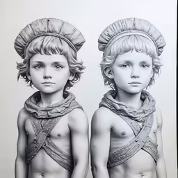 two children with head coverings and large hats standing together