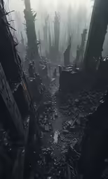 an abandoned forest is shown on a misty day