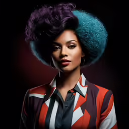an afro woman wearing colorful hair standing in front of a black background