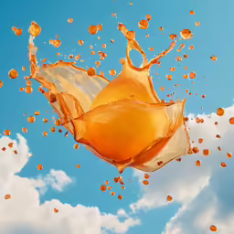 an orange juice splashing into the air on a partly cloudy day