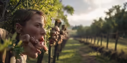 a woman wearing makeup in a garden with others nearby