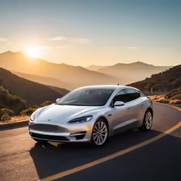 a silver tesla model 3 parked in front of mountains
