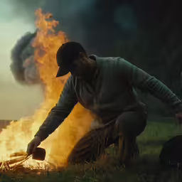 man crouched in front of a camp fire in the middle of his camping trip