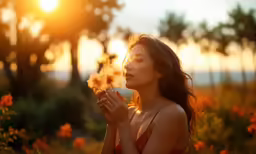 a beautiful woman blowing flowers next to a forest