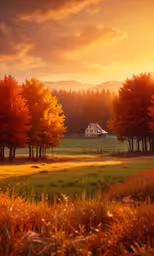 a large field with some trees near it,a farm house sits in the middle of a landscape with orange trees