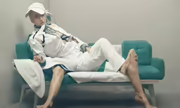 a woman sits on a couch in an elegant costume