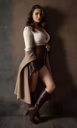 a woman posing in boots and a dress