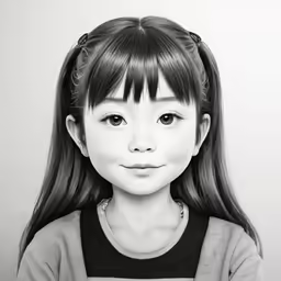 an artistic black and white photo of a young girl with bangs