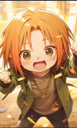 an anime boy with orange hair in a green jacket and white shirt