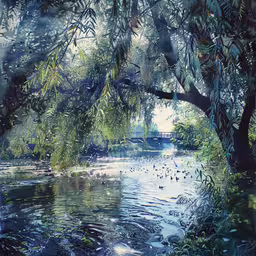 a river with ducks swimming underneath a tree,water that is calm near the trees and rocks