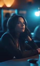 a woman sitting at a table in a bar