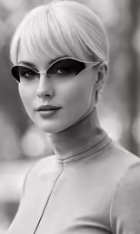 black and white photograph of a woman with sunglasses