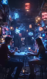people sitting at a table under lights in a bar