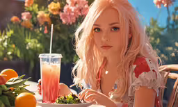 a woman sitting in front of a plate of food with a glass of orange juice,a woman sitting at a table with fruit, and a drink