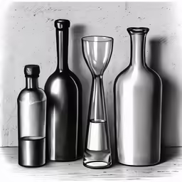 drawing of three empty bottles and two empty glasses