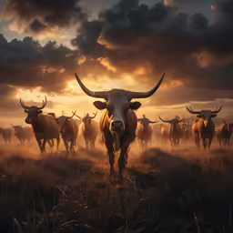 a large group of bulls walk together at sunrise