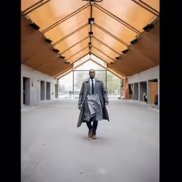 a man in a coat walking in an open hallway