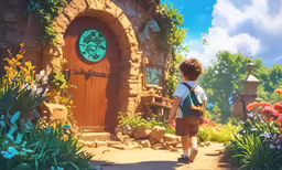 a little boy that is walking towards a house