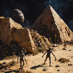 a game scene showing two people playing on desert land
