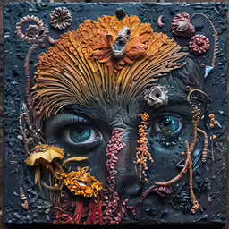 a mixed - media painting by brazilian artist santiago cruz of the face of a young man with foliage on his head