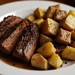 a white plate topped with sliced up brownies next to small yellow and brown potatoes