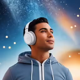 a man with headphones on while looking up in the sky