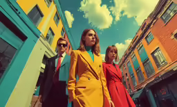 three people wearing red, orange, and yellow outfits walking in front of a blue and yellow building