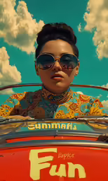 a woman wearing sunglasses sitting in the back seat of an orange truck