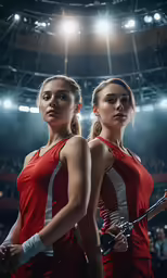 two women with tennis racquets looking into the distance