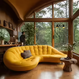 a large yellow couch next to a coffee table