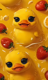 a group of ducks in the bath with strawberries and oranges