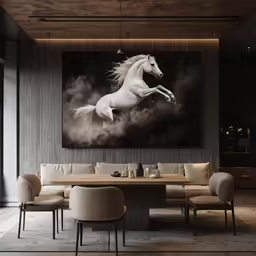 a painting in a large room of a horse