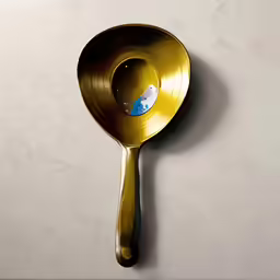 a golden spoon with a blue paint in the center