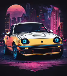 a yellow car is in front of the cityscape,an old style car with blue eyes in front of the city