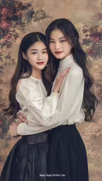 two young girls in formal clothes are posing for the camera,two women wearing formal clothing and posing for a picture