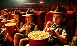 several children at the cinema watching movies and eating popcorn,three children in cowboy hats sitting on a movie theatre seat with a bucket of popcorn