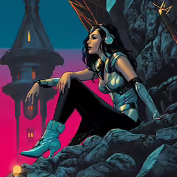 a woman sitting on rocks with headphones in her hands