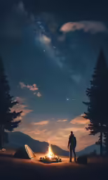 person standing by bonfire at night in mountains under the stars