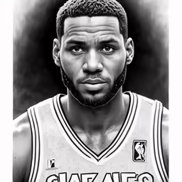 a black and white photo of a basketball player with his hair up