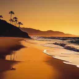 a beach is shown with palm trees on the hill
