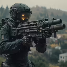 a soldier in a full military outfit holding an arg
