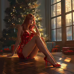 a woman in red is sitting near a christmas tree,a beautiful red dress sitting on top of a wooden floor