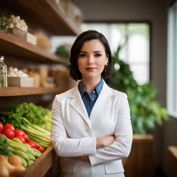 a woman wearing a white suit and a bunch of fruits and vegetables